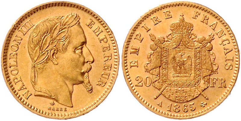 Frankreich Napoleon III. 1852 - 1870
 Lot 5 Stück 20 Francs, 1865,73,87,93 und ...
