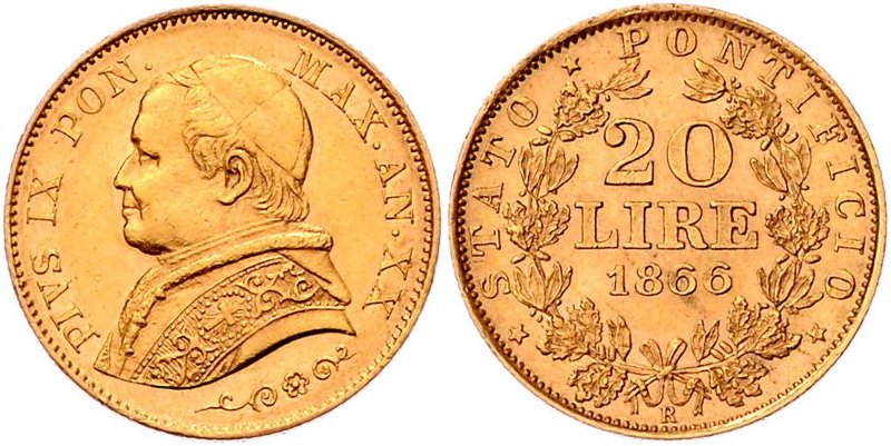 Italien Vatikan
Pius IX. 1846 - 1878 20 Lire 1866 R Rom. 6,48g. KM 1382.2 vz/st...