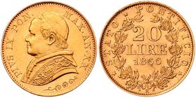Italien Vatikan
Pius IX. 1846 - 1878 20 Lire 1866 R Rom. 6,48g. KM 1382.2 vz/stgl