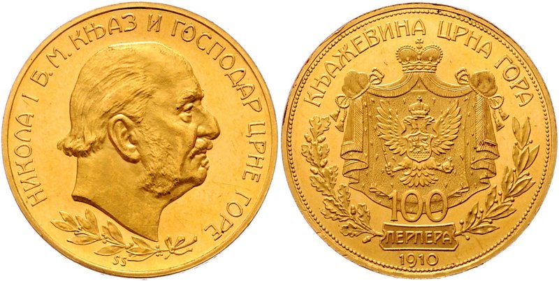 Montenegro Nikolaus I. 1860 - 1918
 100 Perpera 1910 Kopf rechts, darunter die ...