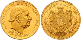 Montenegro Nikolaus I. 1860 - 1918
 100 Perpera 1910 Kopf rechts, darunter die Signatur SS (St. Schwartz, Stempelschneider in Wien) // Gekrönter Dopp...
