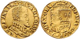 Niederlanden Philipp II. von Spanien 1555 - 1598
 1/2 Real d´or o. J. Geldern. 3,42g. Delmonte 30 f., Dav. 8493. gereinigt ss