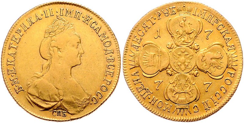 Russland Katharina II. 1762 - 1796
 10 Rubel 1777 Gekröntes Brustbild r. mit um...