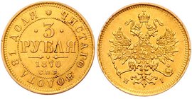 Russland Alexander II. 1855 - 1881
 3 Rubel 1870 HI St. Petersburg. 3,94g. Bitkin 32, Friedb. 164 ss/vz