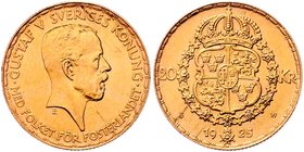 Schweden Königreich
Gustav V. 1907 - 1950 20 Kronen 1925 8,95g. Friedb. 96, Schl. 147. leichte Schrötlingsfehler vz/stgl