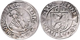 Münzen Römisch Deutsches Reich - Habsburgische Erb- und Kronlande Ferdinand I. 1521 - 1564
 6 Kreuzer 1532 Graz. 2,92g. Markl 1818 var. f.vz