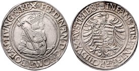 Münzen Römisch Deutsches Reich - Habsburgische Erb- und Kronlande Ferdinand I. 1521 - 1564
 Taler o.J. Joachimsthal. 28,98g. MzA. Seite 4 (Mm. Weizlm...