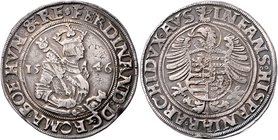 Münzen Römisch Deutsches Reich - Habsburgische Erb- und Kronlande Ferdinand I. 1521 - 1564
 Taler 1546 Joachimsthal. 28,72g. MzA. Seite 29 (Mm. R. Pu...