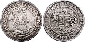 Münzen Römisch Deutsches Reich - Habsburgische Erb- und Kronlande Ferdinand I. 1521 - 1564
 Taler 1554 Joachimsthal. 28,66g. MzA. Seite 37 (Mm. R. Pu...