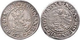Münzen Römisch Deutsches Reich - Habsburgische Erb- und Kronlande Ferdinand I. 1521 - 1564
 1/2 Taler 1546 Joachimsthal. 14,30g. MzA. Seite 29 (Mm. R...