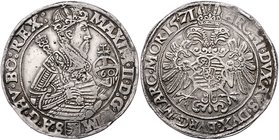 Münzen Römisch Deutsches Reich - Habsburgische Erb- und Kronlande Maximilian II. 1564 - 1576
 Guldentaler 1571 Budweis. 24,74g. MzA. Seite 56 (Mm. T....