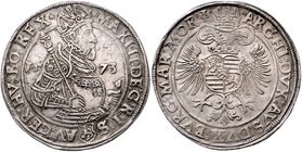 Münzen Römisch Deutsches Reich - Habsburgische Erb- und Kronlande Maximilian II. 1564 - 1576
 Taler 1573 Joachimsthal. 28,90g. MzA. Seite 58 (Mm. J. ...