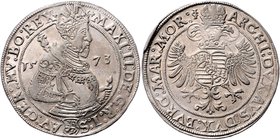 Münzen Römisch Deutsches Reich - Habsburgische Erb- und Kronlande Maximilian II. 1564 - 1576
 Taler 1573 Joachimsthal. 28,96g. MzA. Seite 58 (Mm. Jör...
