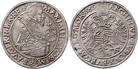 Münzen Römisch Deutsches Reich - Habsburgische Erb- und Kronlande Maximilian II. 1564 - 1576
 Guldentaler 1569 Joachimsthal. 24,39g. MzA. Seite 54 (M...