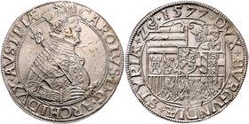 Münzen Römisch Deutsches Reich - Habsburgische Erb- und Kronlande Erzherzog Karl 1564 - 1590
 Taler 1577 Graz. 28,64g. MzA. Seite 63 (Mm. Andr. Pelit...