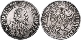Münzen Römisch Deutsches Reich - Habsburgische Erb- und Kronlande Rudolph II. 1576 - 1612
 Taler 1585 Joachimsthal. 28,69g. MzA. Seite 71 (Mm. P. Hof...