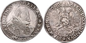 Münzen Römisch Deutsches Reich - Habsburgische Erb- und Kronlande Rudolph II. 1576 - 1612
 Taler 1606 Joachimsthal. 28,76g. MzA. Seite 92 (Mm. C. Len...