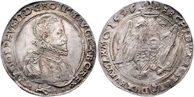 Münzen Römisch Deutsches Reich - Habsburgische Erb- und Kronlande Rudolph II. 1576 - 1612
 Taler 1596 Kuttenberg. 29,22g. MzA. Seite 76 (Mm. Wolf Her...