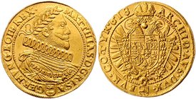 Münzen Römisch Deutsches Reich - Habsburgische Erb- und Kronlande Rudolph II. 1576 - 1612
 4 Dukaten 1618 MATTHIAS • D : G • R • I • S A - GER • HVNG...