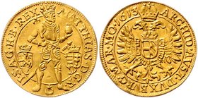 Münzen Römisch Deutsches Reich - Habsburgische Erb- und Kronlande Rudolph II. 1576 - 1612
 Dukat 1613 Prag. 3,48g. MzA. Seite 100 (Mm. Benedikt Huebm...