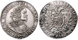 Münzen Römisch Deutsches Reich - Habsburgische Erb- und Kronlande Ferdinand III. 1637 - 1657
 Taler 1652 KB Kremnitz. 28,71g. Her. 479 f.vz/vz
