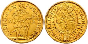 Münzen Römisch Deutsches Reich - Habsburgische Erb- und Kronlande Joseph I. 1705 - 1711
 Dukat 1710 KB Kremnitz. 3,45g. Her. 56 ss/vz