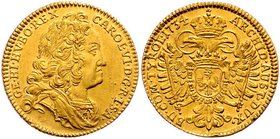 Münzen Römisch Deutsches Reich - Habsburgische Erb- und Kronlande Carl VI. 1712 - 1740
 Dukat 1734 Hall. 3,48g. Her. 79. kleiner Randfehler vz