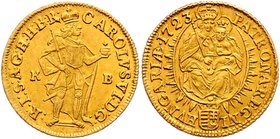 Münzen Römisch Deutsches Reich - Habsburgische Erb- und Kronlande Carl VI. 1712 - 1740
 Dukat 1723 KB Kremnitz. 3,47g. Her. 437 f.vz/vz