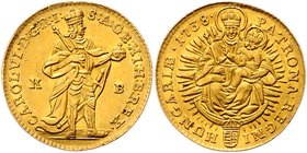Münzen Römisch Deutsches Reich - Habsburgische Erb- und Kronlande Carl VI. 1712 - 1740
 Dukat 1738 KB Kremnitz. 3,46g. Her. 453 vz