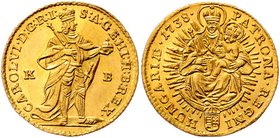 Münzen Römisch Deutsches Reich - Habsburgische Erb- und Kronlande Carl VI. 1712 - 1740
 Dukat 1738 KB Kremnitz. 3,48g. Her. 453 f.stgl/stgl