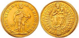 Münzen Römisch Deutsches Reich - Habsburgische Erb- und Kronlande Carl VI. 1712 - 1740
 Dukat 1727 NB Nagybanya. 3,44g. Her. 180 ss+