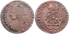 Münzen Römisch Deutsches Reich - Habsburgische Erb- und Kronlande Carl VI. 1712 - 1740
 Liard 1712 Brüssel. 3,58g. Her. 1091 f.vz