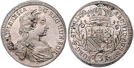Münzen Römisch Deutsches Reich - Habsburgische Erb- und Kronlande Maria Theresia 1740 - 1780
 3 Kreuzer 1742 Graz. 1,78g. Her. 1339, Eyp. 35 stgl
