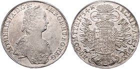 Münzen Römisch Deutsches Reich - Habsburgische Erb- und Kronlande Maria Theresia 1740 - 1780
 Taler 1754 Hall. 28,08g. Her. 448, Eyp. 79 f.stgl