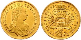 Münzen Römisch Deutsches Reich - Habsburgische Erb- und Kronlande Maria Theresia 1740 - 1780
 Dukat 1755 Karlsburg. 3,48g. Her. 207, Eyp. 353/1 f.vz/...