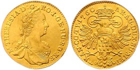 Münzen Römisch Deutsches Reich - Habsburgische Erb- und Kronlande Maria Theresia 1740 - 1780
 Dukat 1760 Karlsburg. 3,23g. Her. 212, Eyp. ss/vz