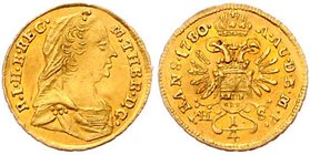 Münzen Römisch Deutsches Reich - Habsburgische Erb- und Kronlande Maria Theresia 1740 - 1780
 1/4 Dukat 1780 Karlsburg. 0,86g. Her. 315, Eyp. 388a vz...