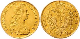 Münzen Römisch Deutsches Reich - Habsburgische Erb- und Kronlande Franz I. Stephan 1745 - 1765
 Dukat 1748 C-A Karlsburg. 3,44g. Her. 70 vz