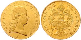 Münzen Römisch Deutsches Reich - Habsburgische Erb- und Kronlande Leopold II. 1790 - 1792
 Dukat 1790 A Wien. 3,49g. Her. 3 ss