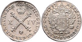 Münzen Römisch Deutsches Reich - Habsburgische Erb- und Kronlande Leopold II. 1790 - 1792
 XIV Liards 1791 Brüssel. 2,66g. Her. 90 stgl