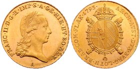 Münzen Römisch Deutsches Reich - Habsburgische Erb- und Kronlande Franz II. 1792 - 1806
 Sovrano 1793 A Wien. 11,15g. Her. 198 stgl