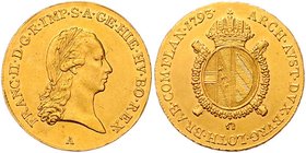 Münzen Römisch Deutsches Reich - Habsburgische Erb- und Kronlande Franz II. 1792 - 1806
 1/2 Souverain d´or 1793 A Wien. 5,54g. Her. 210 f.stgl