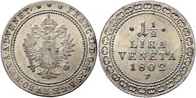 Münzen Römisch Deutsches Reich - Habsburgische Erb- und Kronlande Franz II. 1792 - 1806
 1 1/2 Lira 1802 F Hall. 11,44g. Her. 577 vz/stgl