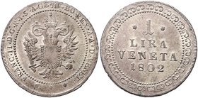 Münzen Römisch Deutsches Reich - Habsburgische Erb- und Kronlande Franz II. 1792 - 1806
 1 Lira Venetia 1802 Venedig. 8,02g. Her. 582 vz/stgl