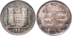 Franz Joseph I. 1848 - 1916
 Ag Medaille 1887 unsigniert, auf das 200jährige Jubiläum der Schützen-Gesellschaft. Stadttor. Rs: Neun Zeilen Schrift. 1...
