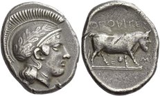 Neapolis
Didrachm circa 420-400, AR 7.37 g. Head of Athena r., wearing Attic helmet decorated with wreath. Rev. [ΝΕ]ΟΠΟVΙTEZ Bull walking r. on a dou...