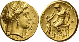 Calabria, Tarentum
Stater circa 325-320, AV 8.56 g. TAPA Veiled and diademed head of Hera r., wearing earring and necklace; below chin, dolphin swimm...