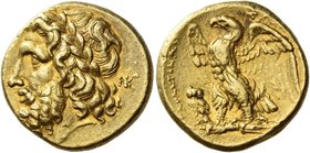 Calabria, Tarentum
Stater after 272, AV 8.59 g. Laureate head of Zeus l.; behind, NK ligate. Rev. TARANTINΩN Eagle standing l. on thunderbolt, with s...