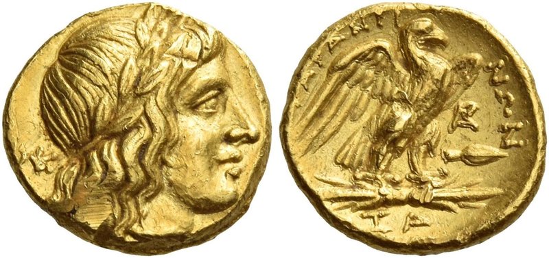 Calabria, Tarentum
Quarter stater after 272, AV 2.14 g. Laureate head of Apollo...