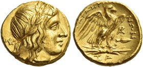 Calabria, Tarentum
Quarter stater after 272, AV 2.14 g. Laureate head of Apollo r.; in l. field, NK ligate. Rev. TAPANTI-NΩN Eagle standing r., with ...